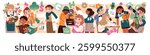 Back to school concept banner. Students are learning different subjects. Happy pupils, kids study, children get knowledge. Elementary education. Flat isolated vector illustration on white background