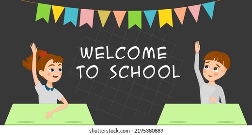 De vuelta al concepto escolar. Cartel con los estudiantes. La niña y el niño levantan la mano. Ilustración vectorial. 