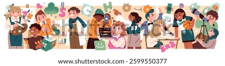 Back to school concept banner. Students are learning different subjects. Happy pupils, kids study, children get knowledge. Elementary education. Flat isolated vector illustration on white background
