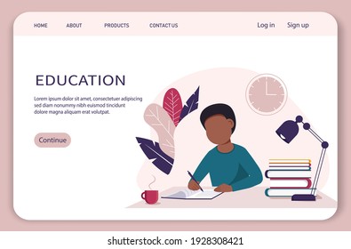 Back to school concept. Black boy studying with books. Vector illustration in flat style