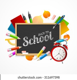 Back to School Concept. Black Chalkboard and Attributes of Study. Vector illustration