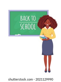 Back To School Concept. Black Female Teacher In Classroom. Vector Illustration