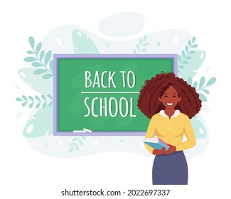 Zurück zum Schulkonzept. Schwarze Lehrerin im Klassenzimmer. Vektorgrafik
