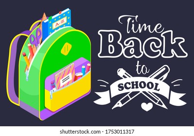 Back to school concept, black vector banner with bright schoolbag. Quote with school supplies. Back to school poster, kids bright backpack with education equipment and hand drawn icon on black