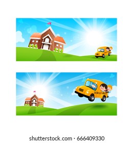Back to School concept Blank banner template Student kids on school bus with happiness and cheerful with Nature Blue sky sunburst copy space and greenfield Background vector illustration