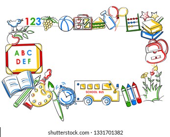 Back to School concept with book, pen, pencil and other sattionery object in vector