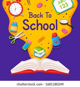 Back to School concept with book, pen, pencil and other stationery object in vector