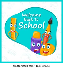 Back to School concept with book, pen, pencil and other stationery object in vector