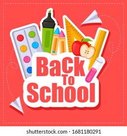 Back to School concept with book, pen, pencil and other stationery object in vector