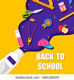 Back to School concept with book, pen, pencil and other stationery object in vector