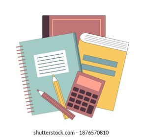 Back to school concept. Book, textbook, notebook, pencils calculator in flat style. Vector illustration.