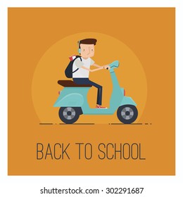 Back to school concept - boy with backpack driving scooter 