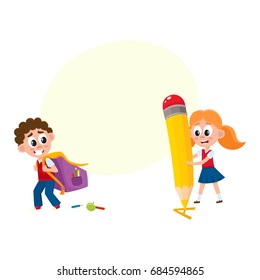Back to school concept - boy carrying backpack, girl with huge pencil, cartoon vector illustration isolated on white background with speech bubble