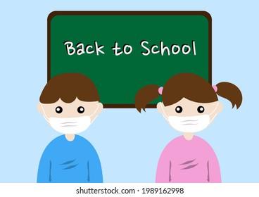 Back to school concept. Boy and girl wear a white facial mask with backboard and blue background. Kidswear a mask to protect them from viruses, pm. 2.5, dust, disease at school.