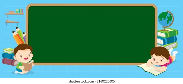 Back to school concept with boy and girl in school .back to school chalkboard background with group of children.Children near the school board for education banner design