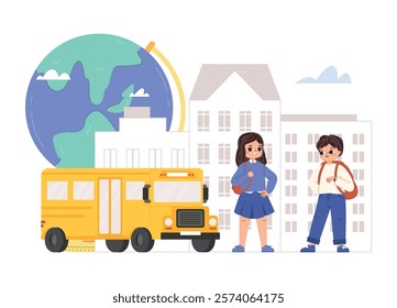 Back to school concept. Boy girl pupils in uniform with backpack stand near educational building. Yellow school bus and globe. Education vector scene