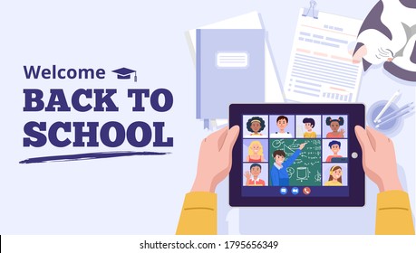 Back To School Concept. A Boy Learning With Computer At Home. Vector