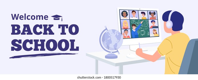 Back To School Concept. A Boy Learning With Computer At Home. Vector