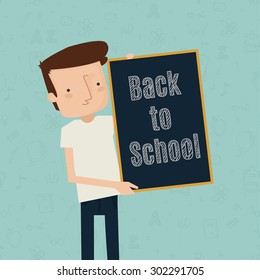 Back to school concept - boy with welcoming sign on chalkboard