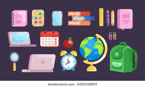 Back to school concept, bright flat design, stationery for school. Globe, laptop, books, apple, ruler, calendar, pencils, paints