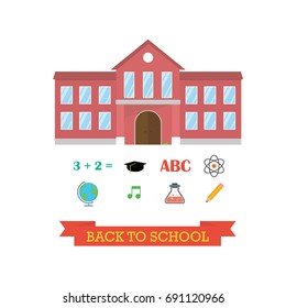 Back to school concept. School building with icon set. Globe music hat graduation pencil atom music