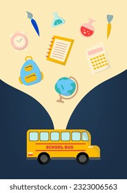 De vuelta al concepto escolar. Autobús escolar con mochila o mochila con regla, tijeras, pincel, placa de color, globo terrestre, calculadora, química y reloj despertador sobre fondo azul. 




