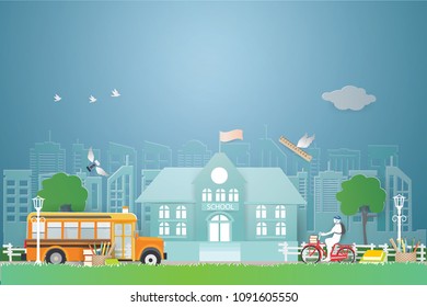 Back to school concept with School bus and Student cycling on the street in front of the school. vector and illustration craft style.