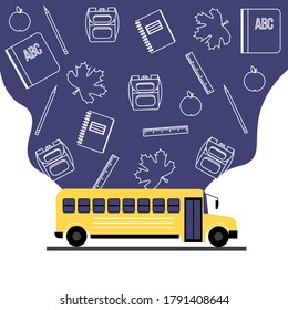 Volver a la tarjeta de concepto de la escuela. Autobús amarillo con nube ondulada azul e icono de línea o símbolo 1 de septiembre. Ilustración ligera en estilo plano.