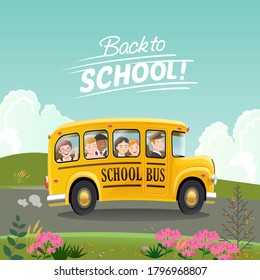 De vuelta al concepto de escuela. Autobús escolar de caricaturas con niños yendo a la escuela. Ilustración del vector