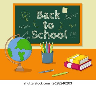 Back to school concept. Chalkboard with handwritten school notes and doodles, placed behind school desk. Desk is filled with colorful school supplies.