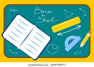 Back to school concept. Chalkboard with school supplies. Green school board on yellow background. Vector illustration EPS 10