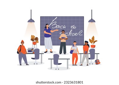 De vuelta al concepto escolar con escena de personajes para la web. El profesor da la bienvenida a los alumnos de la pizarra y los compañeros van a las clases. La gente se encuentra en un diseño plano. Ilustración vectorial para material de comercialización.