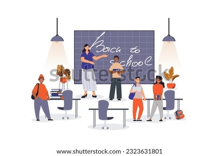 Back to school concept with character scene for web. Teacher greets pupils at blackboard and classmates go to lesson. People situation in flat design. Vector illustration for marketing material.