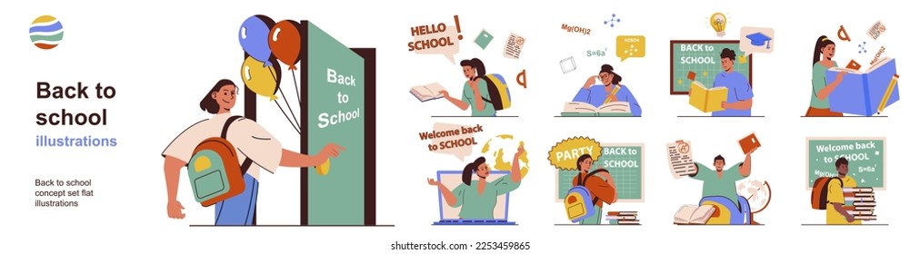 Back to school concept with character situations collection. Bundle of scenes people go to class, pupils reading books, learning at lessons, students studying. Vector illustrations in flat web design