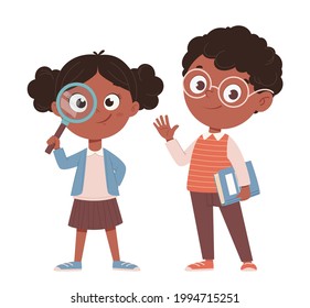 Back to school concept. Cheerful African American schoolgirl and schoolboy