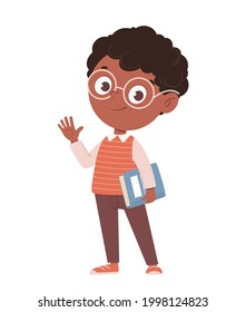 De vuelta al concepto escolar. Alegre escolar afroamericano con un libro