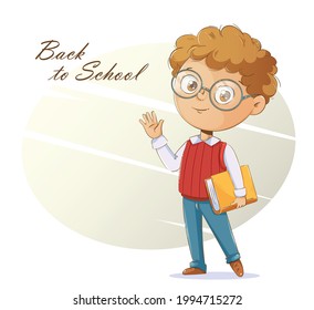 Back to school concept. Cheerful schoolboy with a book