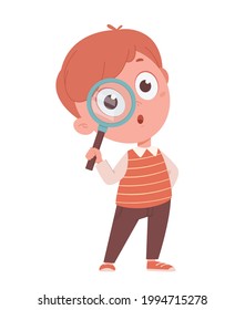 Back to school concept. Cheerful schoolboy holding magnifier