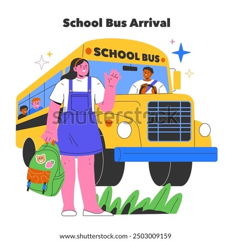Back to School concept. Cheerful student waving goodbye stepping off the yellow school bus with joyful peers inside. Beginning of academic year. Vector illustration.