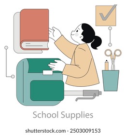 Back to School concept. Child organizing school supplies in a backpack, with icons representing task completion. Vector illustration.