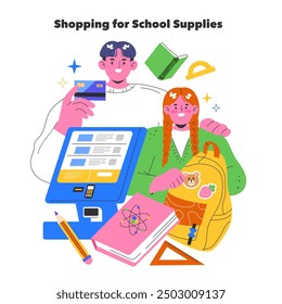 Back to School concept. Children buying educational essentials with a digital tablet and payment card. Preparing for a new academic year. Vector illustration.