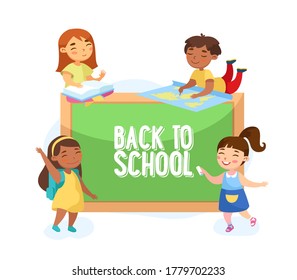 Back to School Concept. Children with Studying Tools around of Green Chalkboard. Schoolkids Characters with Book, Map, Chalk and Rucksack Poster Banner Flyer. Cartoon People Vector Illustration