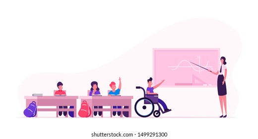 Back to School Concept with Children and Teacher. Young Woman and Disabled Boy in Wheelchair near Blackboard in Classroom. Kids in Class Lesson. Disability Education. Cartoon Flat Vector Illustration