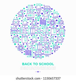 Back to school concept in circle with thin line icons: backpack, bell, book, microscope, knowledge, owl, graduation cap, bus, chemistry, mathematics, biology. Vector illustration, print media template