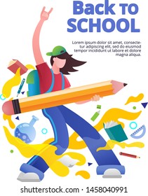 Back to school concept. Colorful dynamic vector illustration with high school student and a lot of textbooks, rulers and pencils. Illustration for web banners, school sales and brochures.