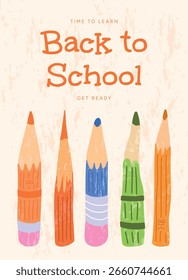 Back to School Concept with Colorful Hand Drawn Pencils. Artistic Stationery with Textured Style. Vector Illustration for Posters, Promo, Banners and Educational Design