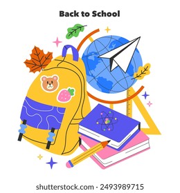 Back to School concept. A colorful illustration featuring educational essentials like a backpack and a globe, promoting academic adventure. Vector illustration.