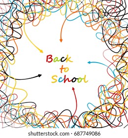 Back to school concept with colorful letters and tangled lines with arrows pointing towards center
