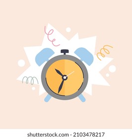 Back To School Concept. Colorful Sticker With Ringing Alarm Clock And Curlicues. Morning Awakening From Loud Signal. Design Element For Children. Cartoon Contemporary Flat Vector Illustration