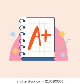 Back to School concept. Colorful sticker with open checkered notebook with excellent A grade for work. Good academic performance of child or small student. Cartoon modern flat vector illustration